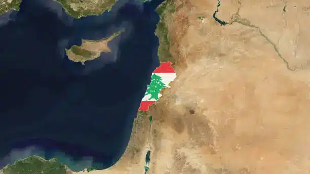 Satellite map of Lebanon highlighted with its national flag, showing its strategic location along the Eastern Mediterranean